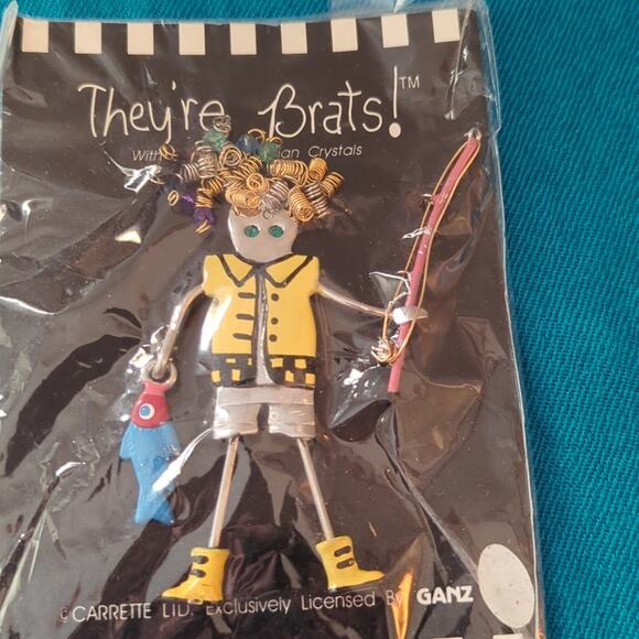 They''re Brats! Fisherman Pin Ganz W/ Genuine Austrian Crystals New in Package - Picture 1 of 6